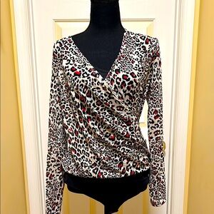 Tahari Wrap Bodysuit in Brown Red and Black